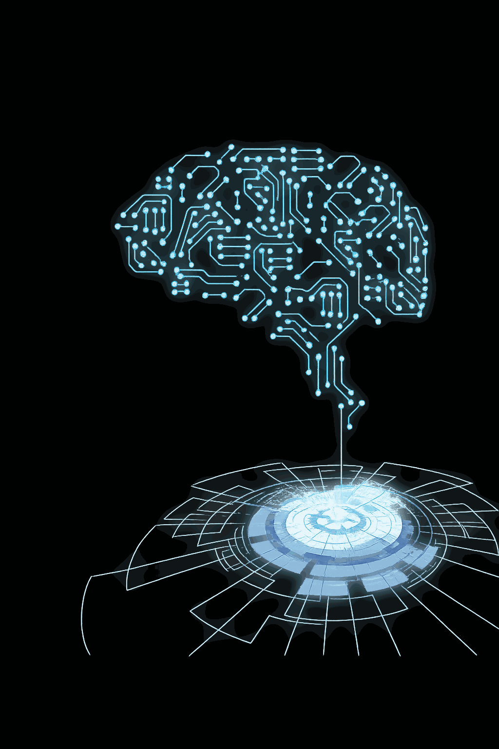Neural network brain rendered as glowing circuitry above a data disc